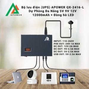 Bộ Lưu Điện Dự Phòng APOWER QX-2416-L, UPS Mini 12000mAh, Hỗ Trợ POE 24V 1A, Nguồn 5V 9V 12V, Màn Hình LED Thông Minh, Giữ Thiết Bị Hoạt Động 24H Không Gián Đoạn